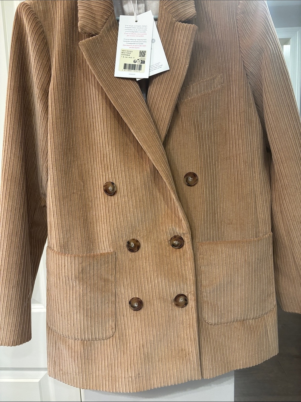 Women's Sézane Double-Breasted Corduroy Blazer Jacket in Camel - Picture 4 of 9
